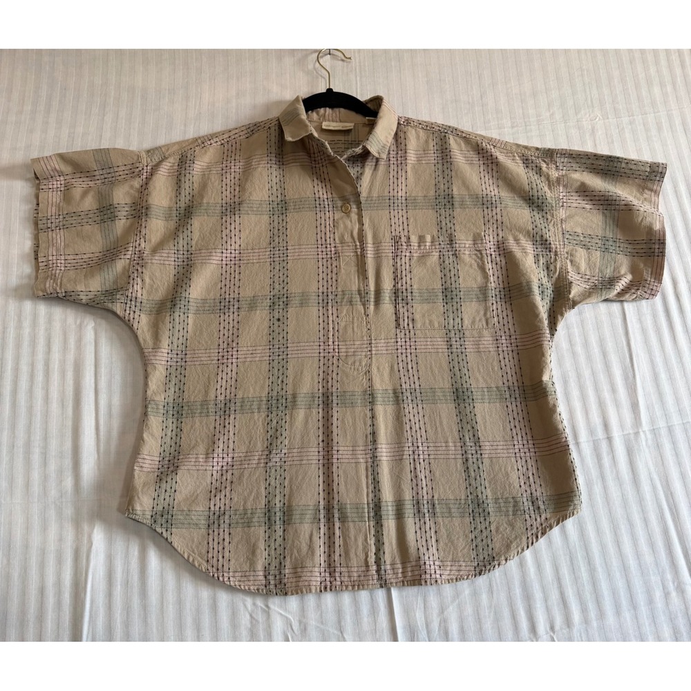 Hunters Glen Mens Tan Plaid Short Sleeve Cotton Pullover Shirt Large